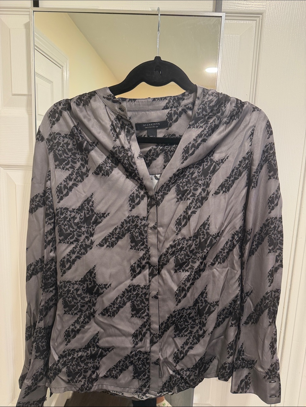 All Saints Grey and Black Silk Blouse with Abstract Butterfly Print - Size 2